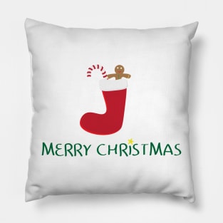 Merry Christmas logo with Red sock, gingerbread cookie, Red and white striped candy and Yellow star on white background Pillow