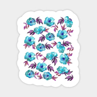 Peonies Flowers Watercolor Ink Cute Girly Cyan Magnet