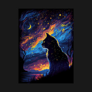 Mystery Cat Under Starry Night T-Shirt