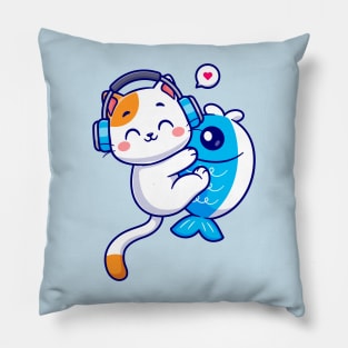 Cute Cat Hug Fish With Headphone Cartoon Pillow