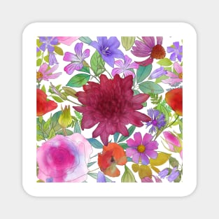 Summer wildflowers and leaves watercolor botanical illustration. Peony, Hryzanthemium, Rose, Poppy, Balloon flowers. Magnet