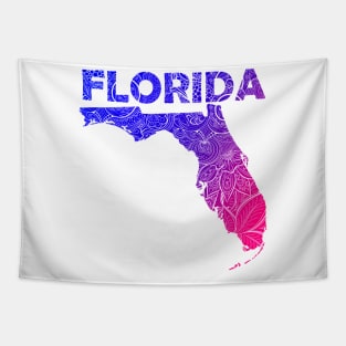 Colorful mandala art map of Florida with text in blue and violet Tapestry