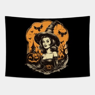 Retro Halloween Witch Girl with Pumpkins and Bats Tapestry