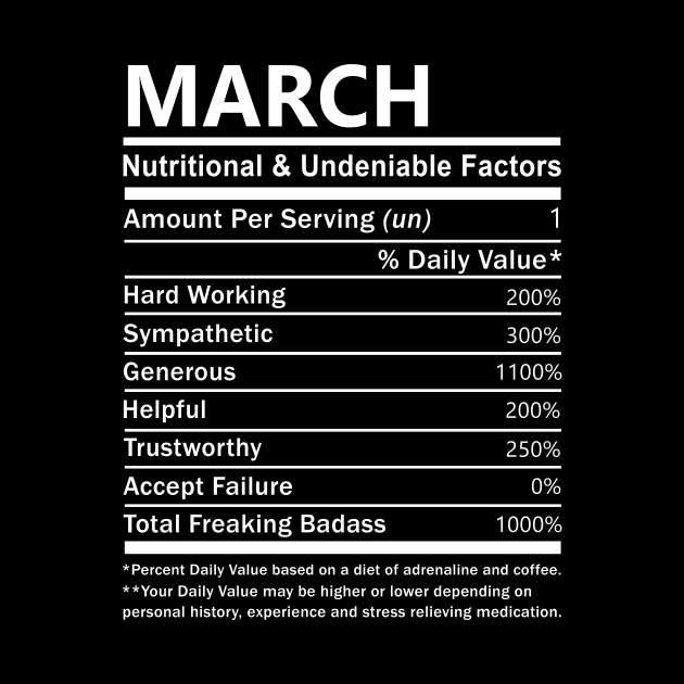 March Name T Shirt - March Nutritional and Undeniable Name Factors Gift Item Tee by nikitak4um