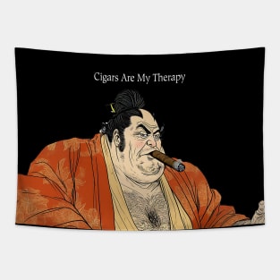 Puff Sumo: Cigars Are My Therapy on a dark (Knocked Out) background Tapestry