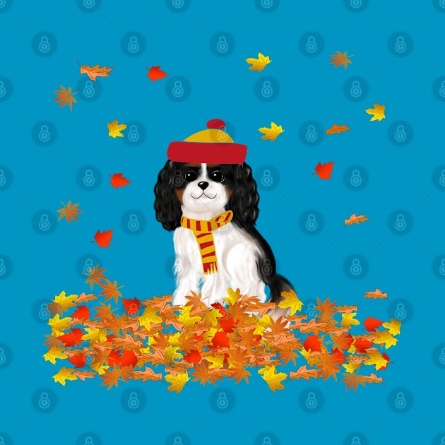 Tri Color Cavalier King Charles Spaniel in Autumn Leaves by Cavalier Gifts