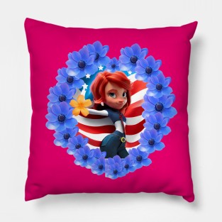 Flag of the United States flies high along with beautiful heart-shaped flowers. Pillow