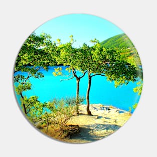 View at Lago di Fiastra with oak trees, trunks, foliage, sunlight, waters and the Sibillini Pin