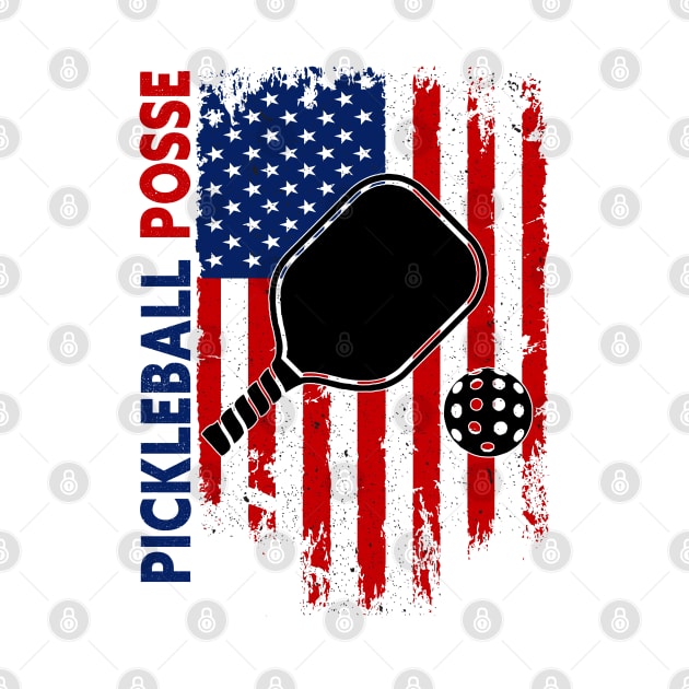 Pickleball Posse, Cool design With A racket and A vintage American Flag by GlossyArtTees