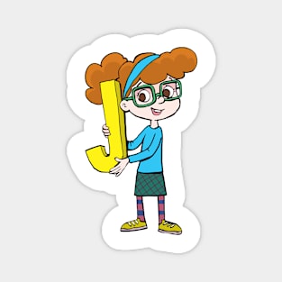 girl with glasses is holding the letter J Magnet