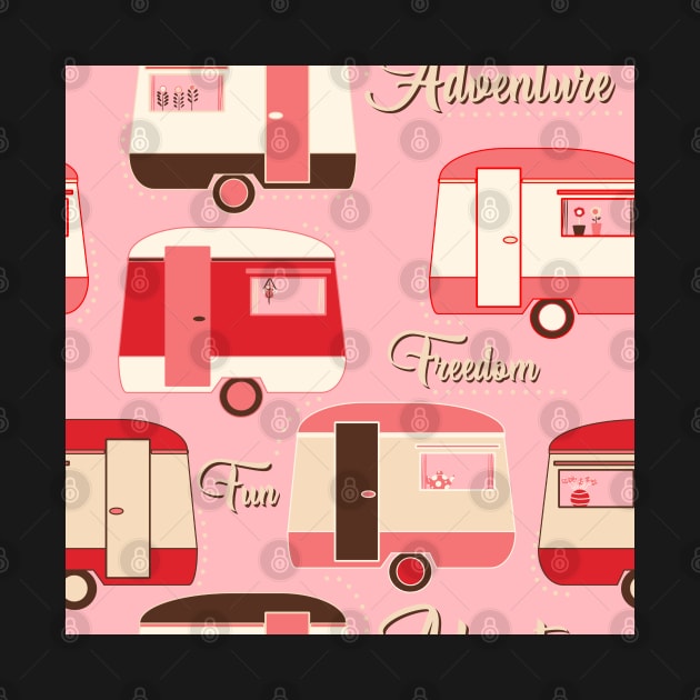 Repeat pattern of vintage caravans in retro colours on pink by NattyDesigns