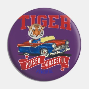 Humor Funny and Cute Tiger in a vintage car driving to a retro parade with red white and blue flags Pin