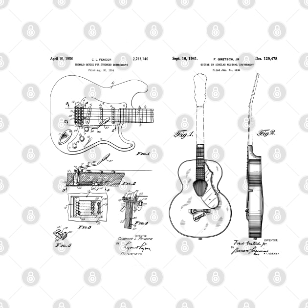 Acoustic and Fender Guitar Tremolo Patent Prints by MadebyDesign