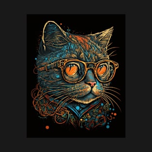 Retro Cat Art Wearing Glasses Splash Abstract Vibe Watercolor Vintage T-Shirt