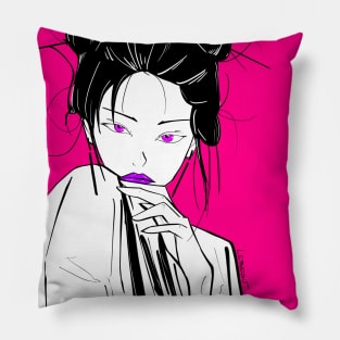 japanese folk geisha woman ecopop in pink portrait art Pillow