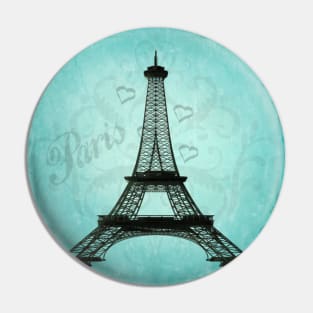 Paris Eiffel Tower Silhouette Abstract Teal Aqua Hearts Pin