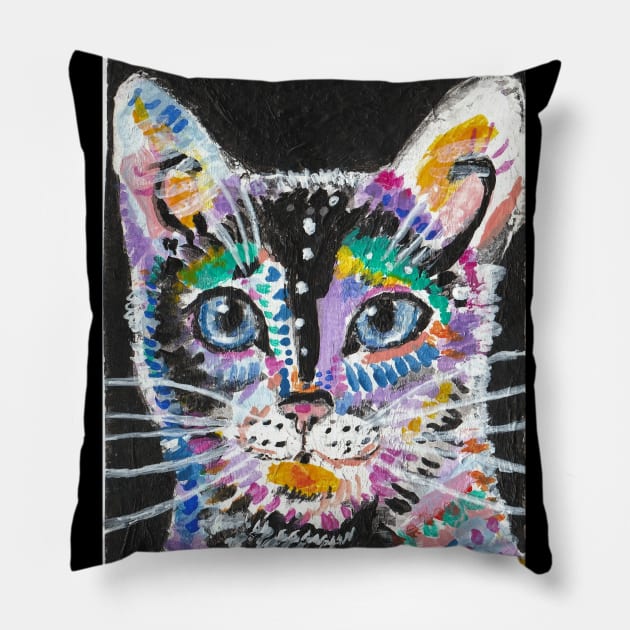 Abstract colorful cat face art Pillow by SamsArtworks