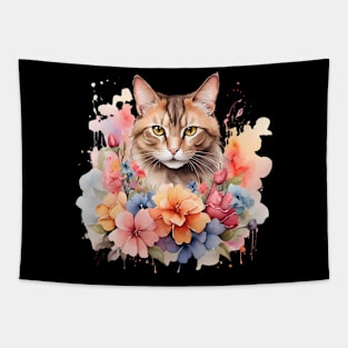 A cat decorated with beautiful watercolor flower Tapestry