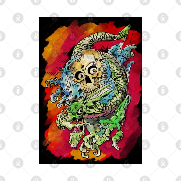 watercolour Tattoo design with dragon and zombie skull by silentrob668