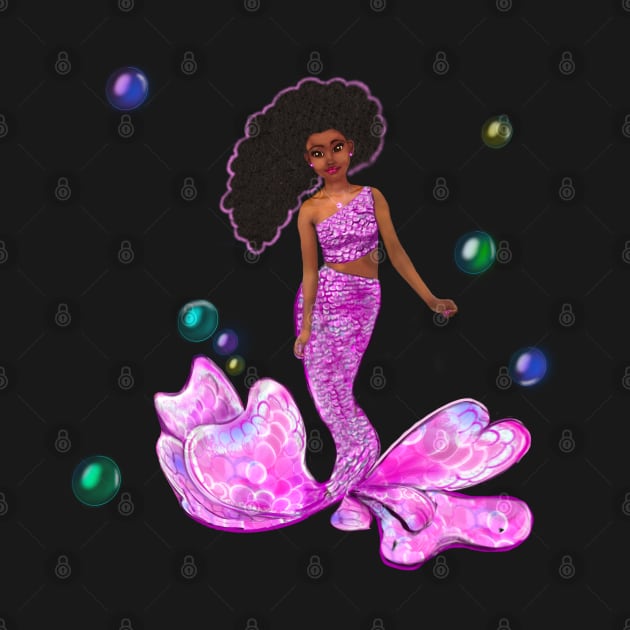 Coco the Magical rainbow mermaid with brown eyes, flowing Afro hair and caramel brown skin by Artonmytee