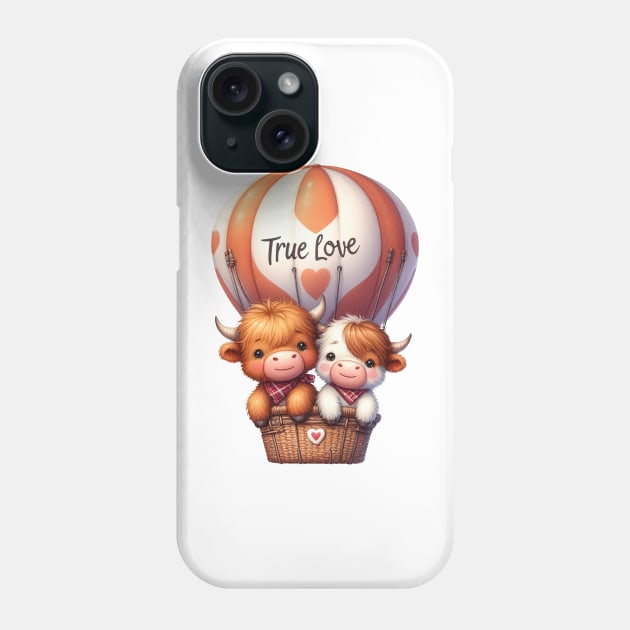 Valentine Highland Cow Couple On Hot Air Balloon Phone Case by Chromatic Fusion Studio