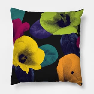 Vibrant exotic flowers and leaves textural print. Colorful vibrant Hibiscus flowers on dark background. Vibrant summer tropical composition Pillow