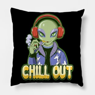 Extraterrestrial Echo: Alien Wearing Headphones Pillow