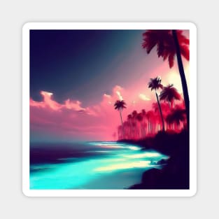 Vaporwave Palm beach with the ocean and sunset landscape Magnet