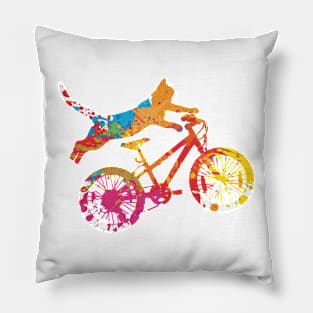 cat on a multicolored bike acrobat Pillow
