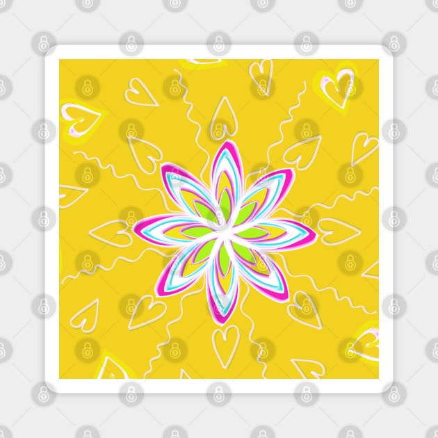 Yellow Mandala with Hearts and  Pink, White, Blue, and Green Flower Magnet by JoyInArt