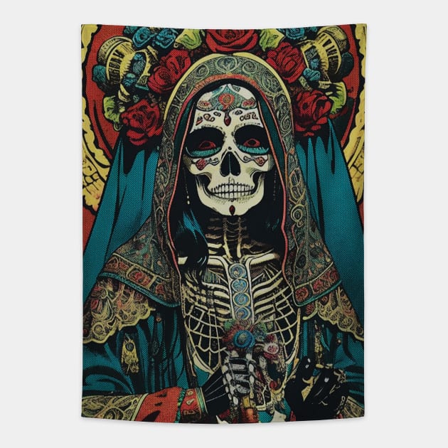 Retro Santa Muerte Tapestry by metamorfatic