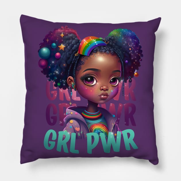 GRL PWR Cute Black Girl Power Women Empower Pillow by Irene Koh Studio