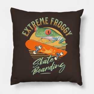 Funny and cute red eyed tree frog skateboarding having an hip hop extreme time while riding the board Pillow