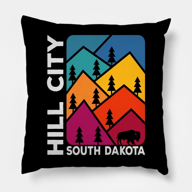 Hill City South Dakota Vintage Mountains Bison Pillow by SouthDakotaGifts