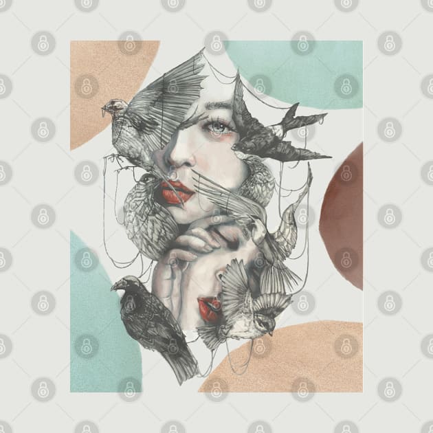 Paintography Double Exposure Portrait Of An Elegant Woman Combined With Hand Made Pencil Drawing Of A Flock Of Birds Flying Around by Modern Art