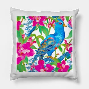 Chinoiserie blue bird and hot pink orchids Pillow