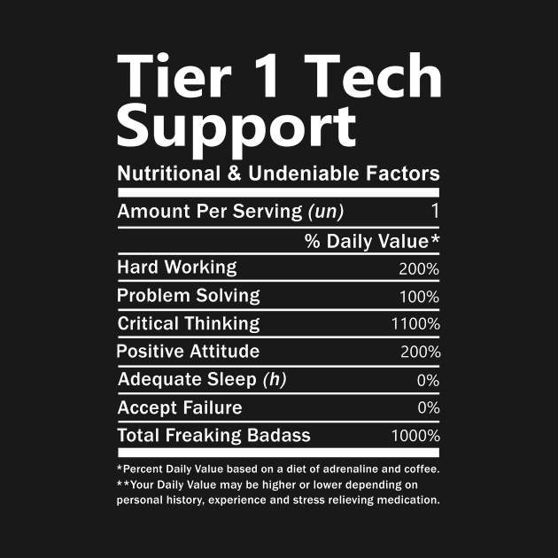 Tier 1 Tech Support T Shirt - Nutritional and Undeniable Factors Gift Item Tee by Ryalgi