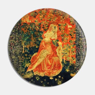 LADY WITH HAWK AMONG FLOWERS AND OAK LEAVES ,HARES, Orange Green Floral Pin