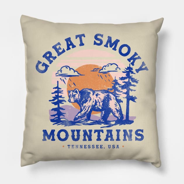 Great Smoky Mountains, Tennessee Vintage Travel Art w/Bear Pillow by The Whiskey Ginger