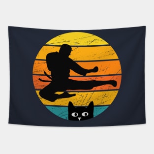 Retro Silhouette Karate Cat Design Tapestry