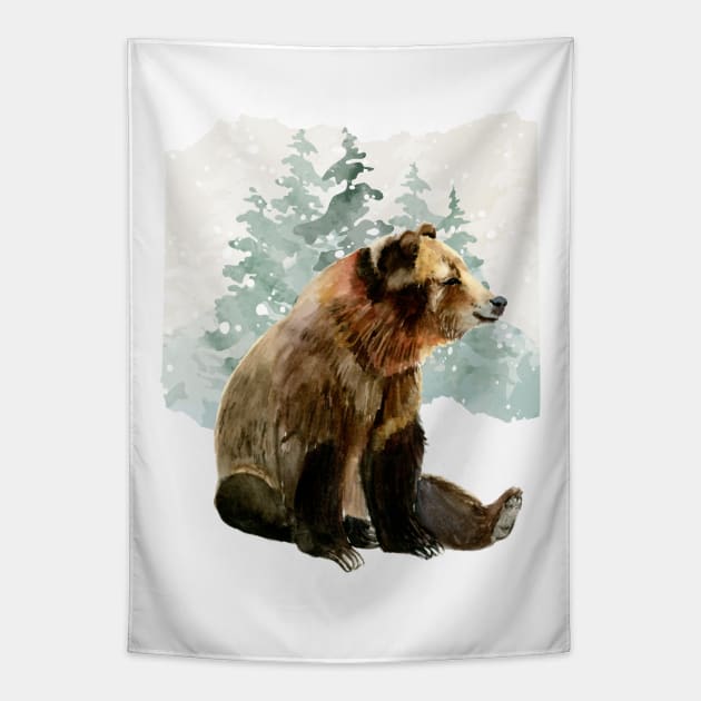 Watercolor grizzly bear sitting Tapestry by ProWaterShop