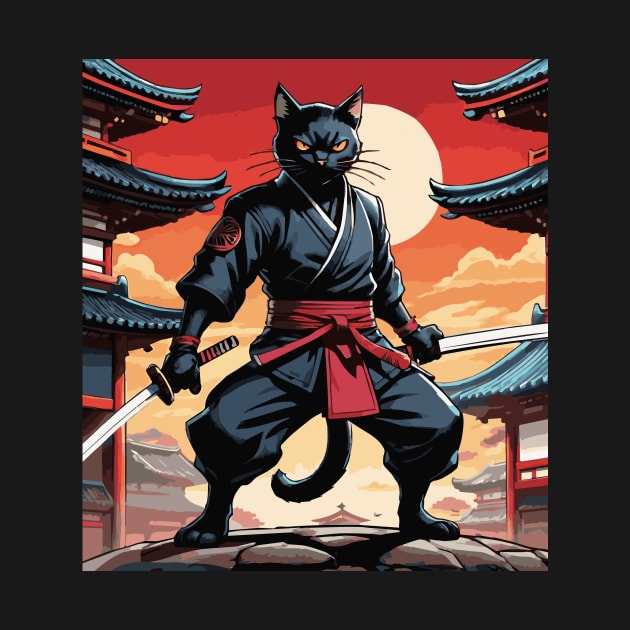 Obsidian Ninja: Black Cat Warrior in Fiery Red Attire by Arcanum Luxxe Store