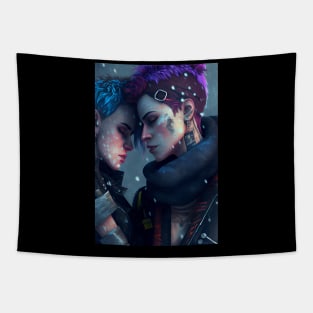 Futuristic Cyberpunk Lesbian Lovers Embrace in Emotional Portrait Tapestry