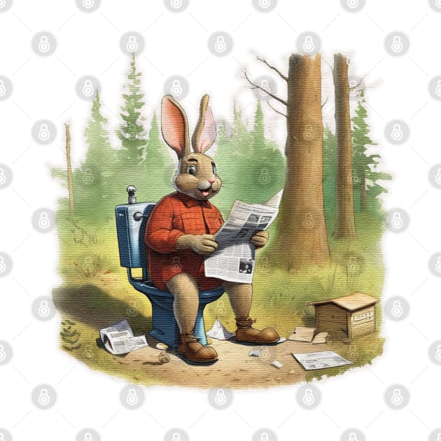 Rabbit sitting on a toilet reading a newspaper by JnS Merch Store