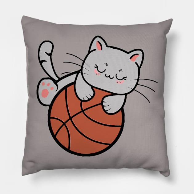 Cute Cat Playing Basketball Player Funny Pillow by Illustradise