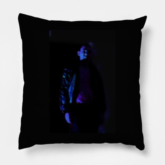 Portrait, digital collage and special processing. Beautiful guy in sport suit with bare torso. Blue. Some glow on right. Pillow by 234TeeUser234