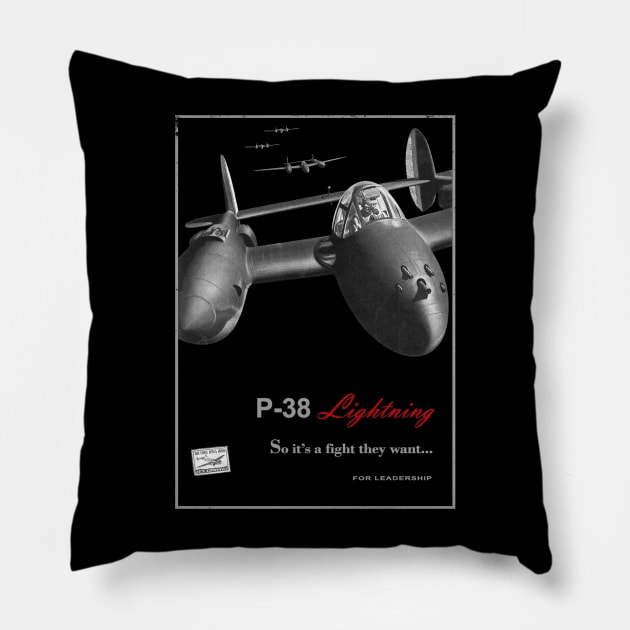 P-38 Lightning WW2 American Fighter Pillow by Jose Luiz Filho