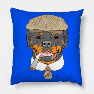 Hipster dog Rottweiler breed in a brown cap, with a tie and a cigarette Pillow