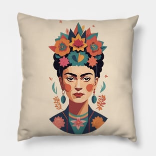 Frida's Vibrant Vision: Colorful Portrait Illustration Pillow