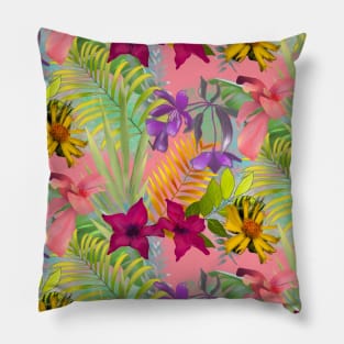 Elegant tropical flowers and leaves pattern floral illustration, pink tropical pattern over a Pillow